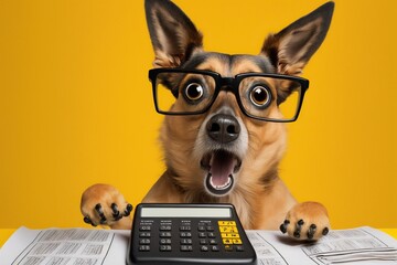 Fototapeta Shocked cute dog in glasses with open mouth looks at calculator, concept of Surprised and Amazed, created with Generative AI technology obraz