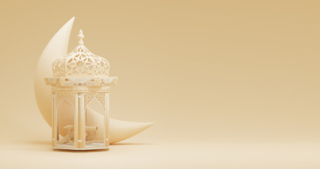 3d minimal  lantern with crescent and ornament gift box on cream background. greeting card. ramadan kareem. eid mubarak. islamic new year. 3d rendering illustration. © aamsari199