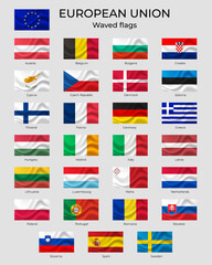 European union flags. Wavy EU flags. European nation, set of flags. Europa flags, symbol
