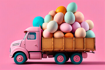 Cute pink truck full of colorful Easter eggs on pink background. Easter is here concept. Illustration AI	