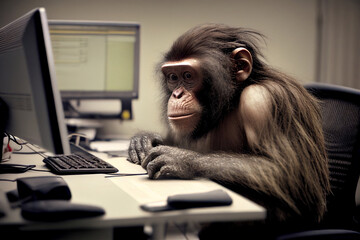 The monkey is working hard at the office. Monkey business. Illustration AI