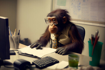 The monkey is working hard at the office. Monkey business. Illustration AI