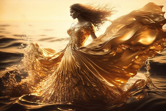 bela mulher com vestido dourado , cabelos longos , conceito de mulher poderosa 