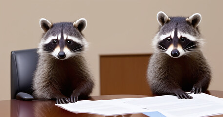 Racoons sitting around a table, discussing paperwork. Teamwork, collaboration, productivity concept created with generative AI.