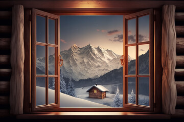 janela com vista para montanhas de neve 