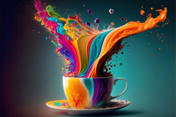 a cup of tea or coffee with a rainbow, cagé colorido arco-íris, GENERATIVE AI