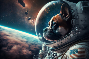 cachorro astronauta observando o universo no espaço  - obrazy, fototapety, plakaty