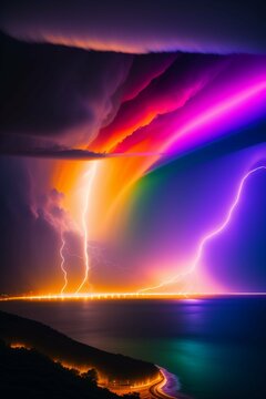 rainbow lightning over the sea