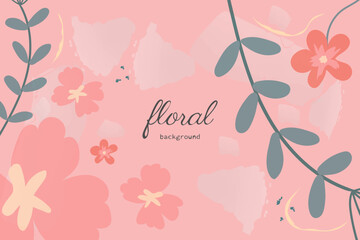Floral vector background in pink colors. Cute wallpaper design with delicate flowers,twigs, leaves and spots. Minimalistic, spring botanical illustration suitable for fabric, prints, cover art.