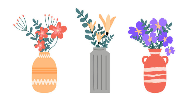 Flower vases. Beautiful blooming spring bouquets in flat style. Illustration of a flower vase for interior decoration. Set of brightly colored bouquets.