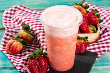 Tasty Strawberry Juice; Photo On Wooden Background