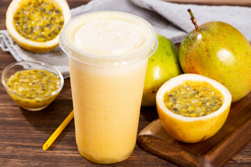 Tasty Passion Fruit Juice; Photo On Wooden Background