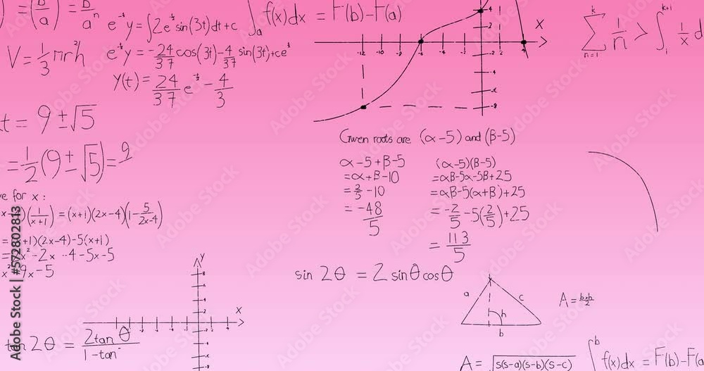 Poster animation of mathematical equations and diagrams floating against pink gradient background