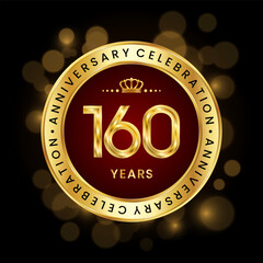 160th Anniversary Celebration. logo design with golden number and ring for anniversary celebration event, invitation, greeting card, banner, poster, flyer, brochure, book cover. Logo Vector Template