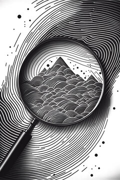 Black and White Magnifying Glass with Mountains and Waves on Light Background Generative AI