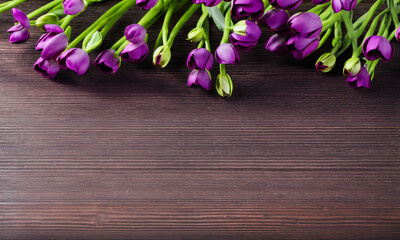 Spring flower blossoms on wood background. Flat lay. Top view. Backdrop with large copy space. Generative AI