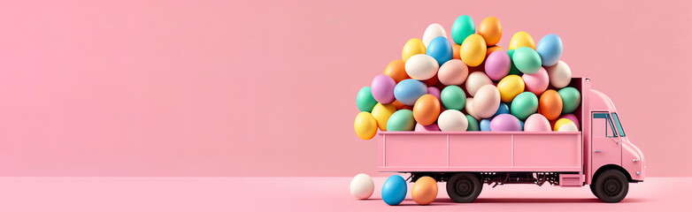 Cute pink truck full of colorful Easter eggs on pink background with copy space. Easter is here concept. Illustration AI - 572803484