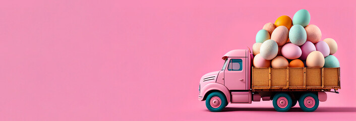 Cute pink truck full of colorful Easter eggs on pink background with copy space. Easter is here concept. Illustration AI