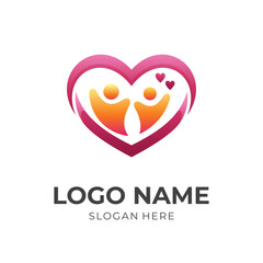 family care logo concept, love and people combination logo with flat red and orange color style