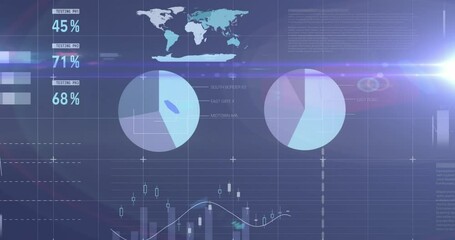 Animation of statistical data processing against light spot on blue background