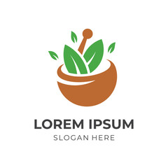 herb medicine logo vector with flat green and brown color style