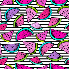 Fashion tropics funny wallpapers. Seamless pattern with watermelon on background with stripes. Bright summer fruits illustration. Fruit design for fabric