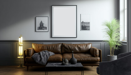 frame poster mockup on the wall, modern and well decorated living room interior