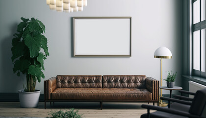 frame poster mockup on the wall, modern and well decorated living room interior