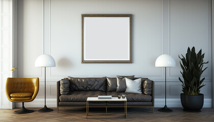 frame poster mockup on the wall, modern and well decorated living room interior