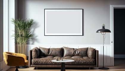 frame poster mockup on the wall, modern and well decorated living room interior