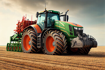 Obraz premium agricultural machinery, tractor on the field harvesting sowing illustration Generative AI