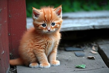 Naklejka premium Adorable baby portrait of an orange kitten. Feline face and whiskers on a cat. Cute kitty.