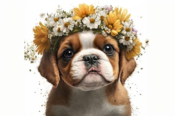Springtime adorable baby puppy wearing a flower crown. Cute children's book illustration of cuddly dog in spring.