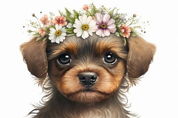 Springtime adorable baby puppy wearing a flower crown. Cute children's book illustration of cuddly dog in spring.