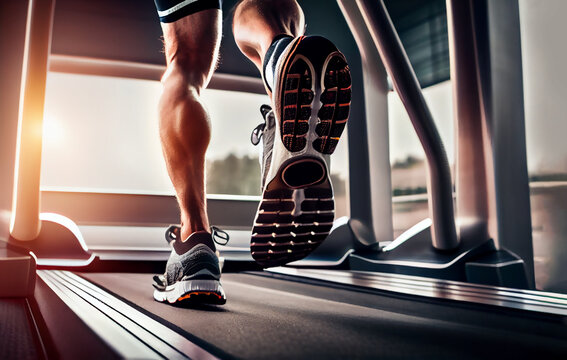 Close up on foot sneakers Fitness man running on track treadmill, Man with muscular legs in exercise gym. Generative AI.