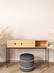 Scandinavian minimal interior of living room with console for picture frame on cream color wall background. Mock up. 3d rendering. High quality 3d illustration