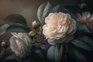 Generative AI. Closeup of beautiful flowers of Camellia japonica - obrazy, fototapety, plakaty