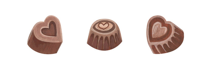 Set of isolated watercolor and gouache elements. Chocolates. Valentine's day. The shape of the heart. Sweets. Color illustration. The print is used for packaging design