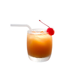 Glass of cold fruit mocktail drink with straw and cherry. Isolated.