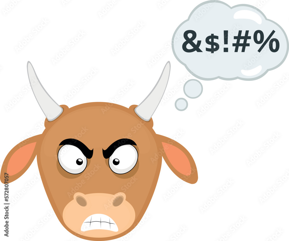 Poster vector illustration face of a cow cartoon with an angry expression with a cloud thought with an insu
