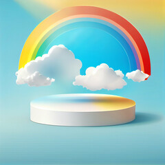 Rainbow podium or platform for product presentation display with clouds. Generative AI
