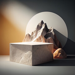 Rock podium or platform for product presentation display with mountain scene. Generative AI