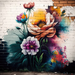Brick wall with graffiti street art of flowers