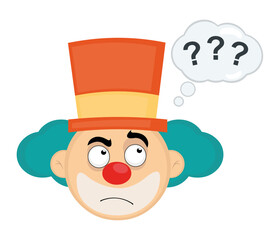 vector illustration clown face cartoon with a thinking expression or doubt, with a cloud thought with question marks