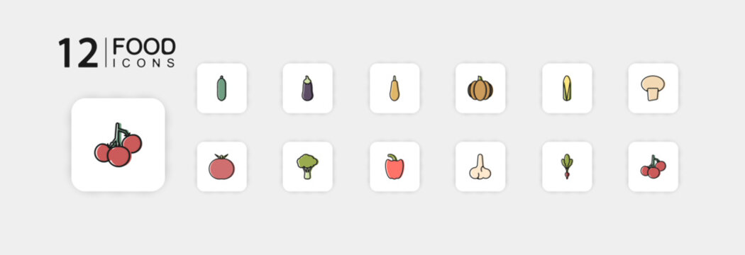Twelve buttons with pictures of vegetables on a light background.