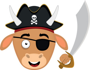 vector illustration face of a pirate cow cartoon, with hat, eye patch and a sword in hand