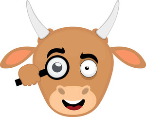 vector illustration face of a cow cartoon watching with a magnifying glass in hand