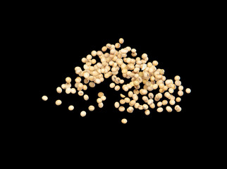 Soy Bean flying explosion, yellow grain beans explode abstract cloud fly. Beautiful complete seed pea soy bean splash in air, food object design. Selective focus freeze shot black background isolated