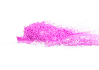 Small size purple Sand flying explosion, violet sands grain wave explode. Abstract cloud fly. purple colored sand splash throwing in Air. White background Isolated high speed shutter, throwing freeze