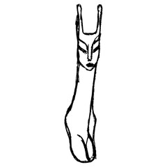 Snail woman. Fantastic character. Hand drawn linear doodle rough sketch. Black silhouette on white background.